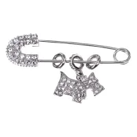 Брошь-булавка Собака, цвет серебряный со стразами UE009-W