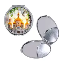 Круглое складное зеркало, цвет серебро, Храм и березы C1160016