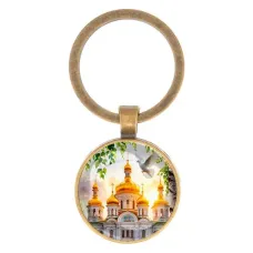 Круглый брелок, цвет бронза, Храм и березы C1160017