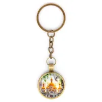 Круглый брелок, цвет бронза, с цепочкой, Храм и березы C1160018