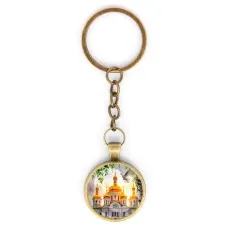 Круглый брелок, цвет бронза, с цепочкой, Храм и березы C1160018