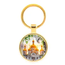 Круглый брелок, цвет золото, Храм и березы C1160019