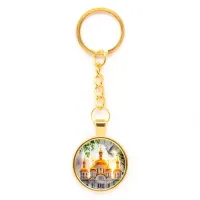 Круглый брелок, цвет золото, с цепочкой, Храм и березы C1160020