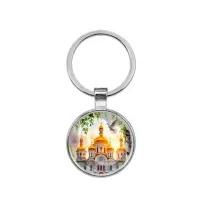 Круглый брелок, цвет серебро, Храм и березы C1160021