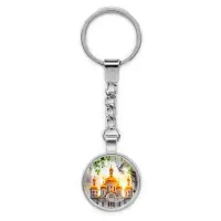 Круглый брелок, цвет серебро, с цепочкой, Храм и березы C1160022