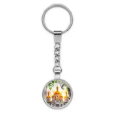 Круглый брелок, цвет серебро, с цепочкой, Храм и березы C1160022