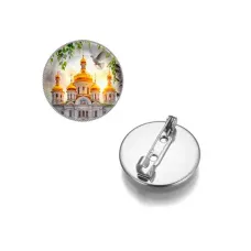 Круглый значок, цвет серебро, Храм и березы C1160023