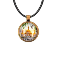 Кулон, цвет бронза, со шнурком, Храм и березы C1160029