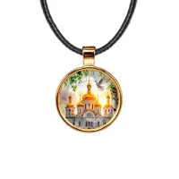 Кулон, цвет золото, со шнурком, Храм и березы C1160033