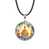 Кулон, нержавеющая сталь, со шнурком, Храм и березы C1160062