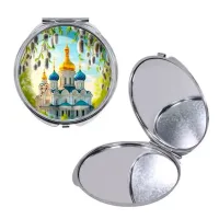 Круглое складное зеркало, цвет серебро, Храм и вербы C1161016