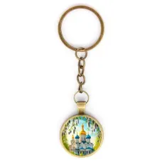Круглый брелок, цвет бронза, с цепочкой, Храм и вербы C1161018