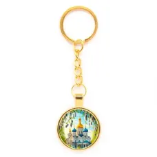 Круглый брелок, цвет золото, с цепочкой, Храм и вербы C1161020