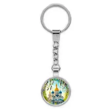 Круглый брелок, цвет серебро, с цепочкой, Храм и вербы C1161022