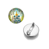 Круглый значок, цвет серебро, Храм и вербы C1161023