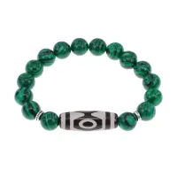 Браслет с 3-глазой бусиной Дзи и синт.камнем Малахит BSDS-01-12