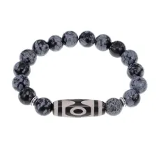 Браслет с 3-глазой бусиной Дзи и нат.камнем Снежный обсидиан BSDS-01-14