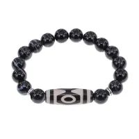 Браслет с 3-глазой бусиной Дзи и нат.камнем Черный агат