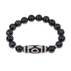 Браслет с 3-глазой бусиной Дзи и нат.камнем Черный агат