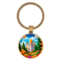 Круглый брелок, цвет бронза, Храм и цветы C1162017