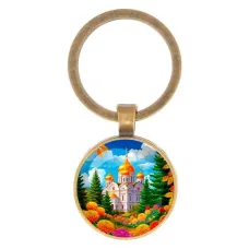 Круглый брелок, цвет бронза, Храм и цветы C1162017