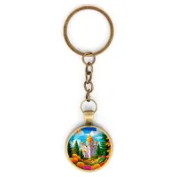 Круглый брелок, цвет бронза, с цепочкой, Храм и цветы C1162018