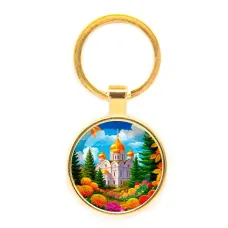 Круглый брелок, цвет золото, Храм и цветы C1162019