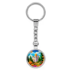 Круглый брелок, цвет серебро, с цепочкой, Храм и цветы C1162022