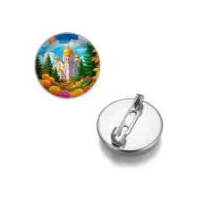 Круглый значок, цвет серебро, Храм и цветы C1162023