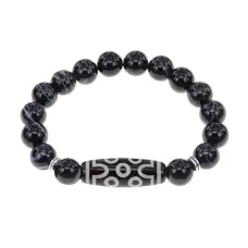 Браслет с 7-глазой бусиной Дзи и нат.камнем Черный агат BSDS-04-23
