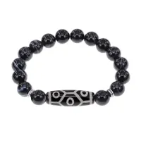 Браслет с 9-глазой бусиной Дзи и нат.камнем Черный агат BSDS-05-23