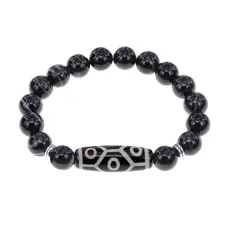 Браслет с 9-глазой бусиной Дзи и нат.камнем Черный агат BSDS-05-23