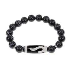 Браслет с бусиной Дзи Золотой ключ и нат.камнем Черный агат BSDS-09-23