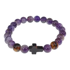 Браслет с крестом из тигрового глаза, аметист, 8мм BSH-17-03