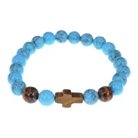 Браслет с крестом из Тигрового глаза, Бирюза, 8мм BSH-17-05