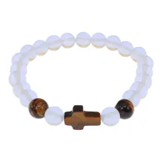 Браслет с крестом из Тигрового глаза, Лунный камень, 8мм BSH-17-11