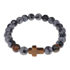 Браслет с крестом из Тигрового глаза, Снежный обсидиан, 8мм BSH-17-14