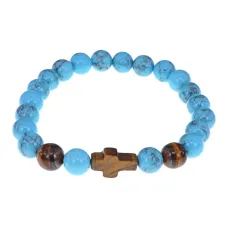 Браслет с крестом из Тигрового глаза, Бирюза, 8мм BSHE-17-05