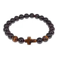 Браслет с крестом из Тигрового глаза, Гранат, 8мм BSHE-17-06