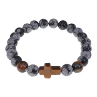 Браслет с крестом из Тигрового глаза, Снежный обсидиан, 8мм BSHE-17-14
