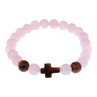 Браслет с крестом из Тигрового глаза, Розовый кварц, 8мм BSHE-17-15