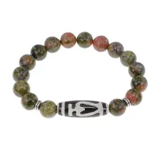 Браслет бусиной Дзи Бумпа и нат.камнем Унакит BSDS-13-20