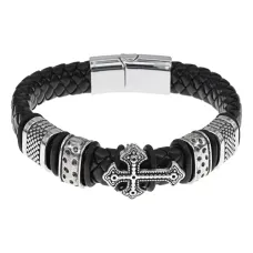 Православный кожаный браслет с крестом, 21см BS899