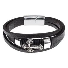 Православный кожаный браслет с крестом, 21см BS900