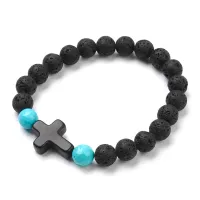 Христианский браслет с крестиком, лава, 8мм BJBS-255