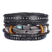 Набор кожаных браслетов, цвет черный BSN026