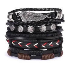 Набор кожаных браслетов, цвет черный BSN027