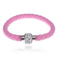 Кожаный браслет с магнитным замком со стразами, цвет нежно-розовый BS001-LP