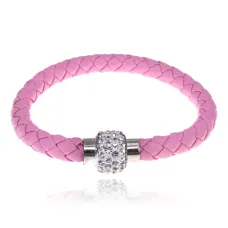 Кожаный браслет с магнитным замком со стразами, цвет нежно-розовый BS001-LP