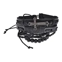 Набор из 4 кожаных браслетов, цвет черный BSN029